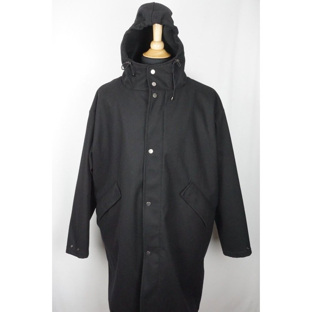 Phineas Cole Oversized Black Wool Blend Hooded Mens Overcoat Sz M Made in Italy